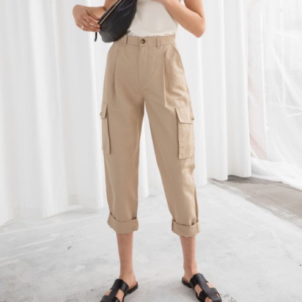 Vince New pleated front tapered leg linen blend pants cargo pockets high rise